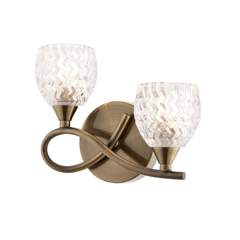 National Lighting Reagan Decorative Antique Brass Curved Arm Twin Wall Light with Patterned Cut Glass Shades (Left Orientated)