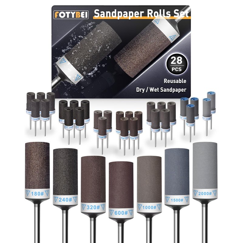 FOTYBEI 28Pcs Sanding Drums Sandpaper Sticks Set for Dremel Rotary Tool Accessories, 180/240/320/600/1000/1500/2000 Grits Sanding Bits Kit with 1/8" Shank for Wood Metal Jade Polishing Grinding