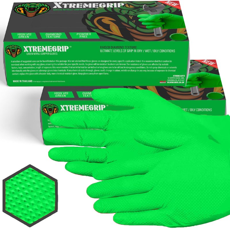 Xtremeauto Nitrile Gloves - Disposable Gloves, Diamond Grip Green - Powder-free & Latex Free Nitrile, Extra Thick & Strong Rubber (2 Boxes, XL)