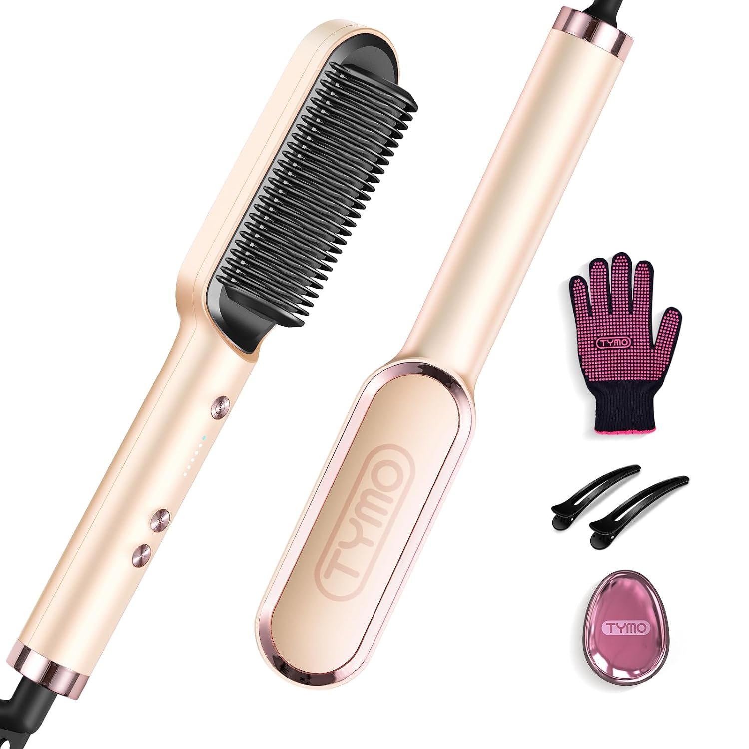 TYMO Hair Straightener Brush UK, Flat Iron and Hair Brush 2-in-1, Anti-Scald, Fast Heating, 5 Temp Settings (130℃-210℃), Professional Salon at Home, Wider Comb for Even Straightening, Peach