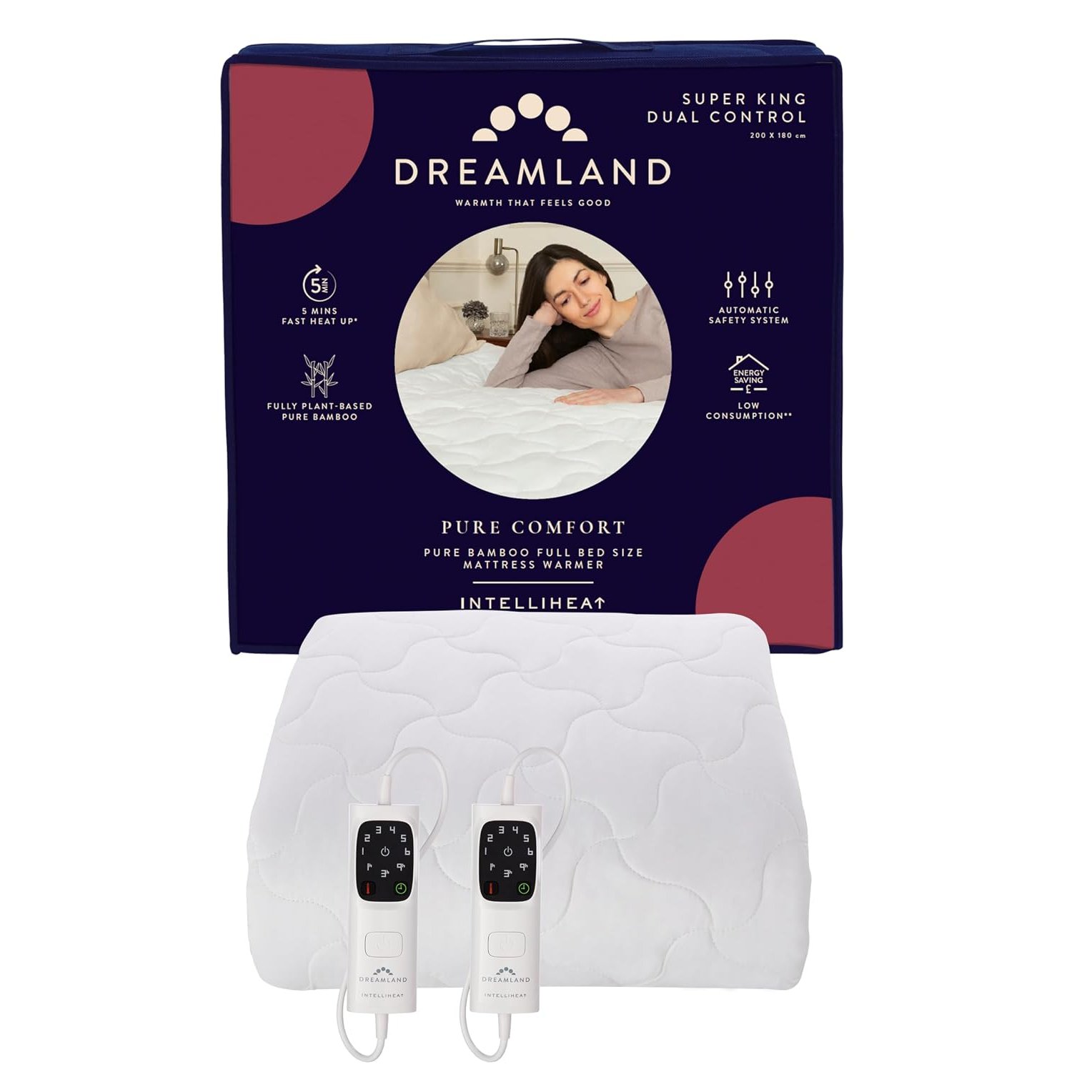 Dreamland – Super King 100% Bamboo Electric Blanket, 2 Detachable controls, Fast Heating Underblanket, 6 Heat Settings, Hypoallergenic, Auto Safety Shut Off, 200x180cm, Heated Blanket, Super King Bed