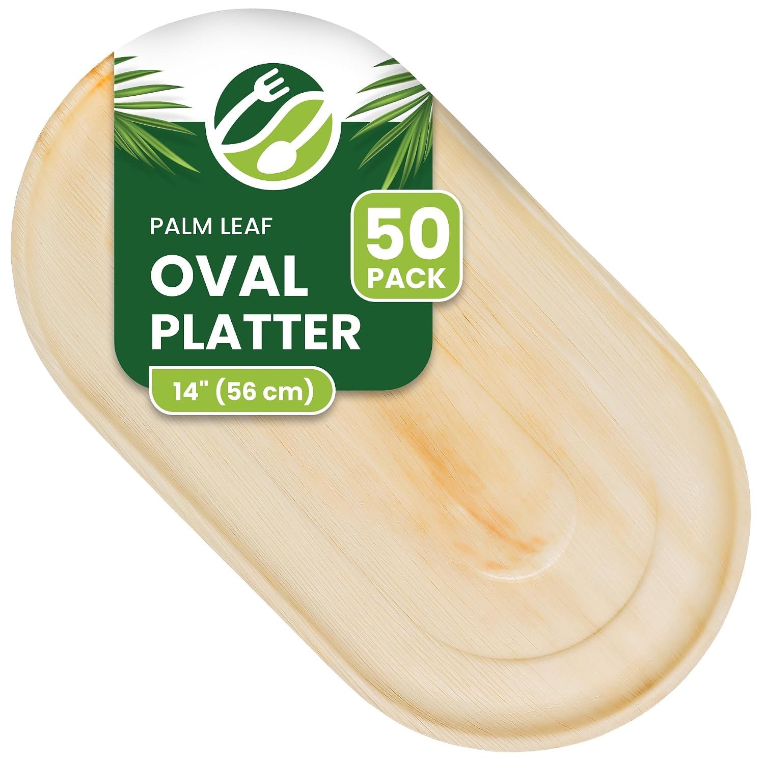 ECO Leaf 50 Disposable Palm Leaf Serving Platters – Extra Large Oval 22" x 12" (56cm x 30cm), Eco-Friendly Wedding Plates, Sturdy Hot Food Trays for Starters, Canapés, Parties & Events
