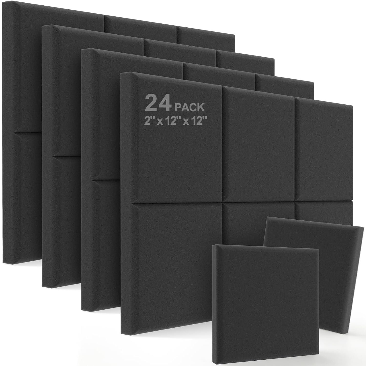 JBER Acoustic Studio Foam, 24 Pack 2" X 12" X 12" Round C-Panel Sound Foam Panels Soundproofing Treatment Studio Wall Padding Sound Absorbing Fireproof Pyramid Wedge Tiles