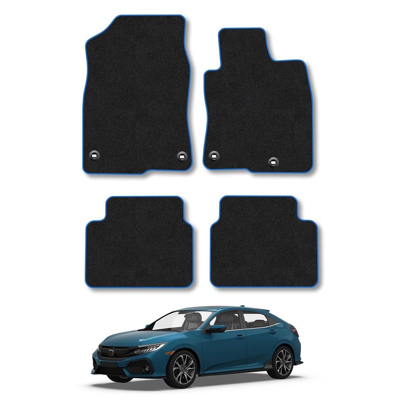 Honda Civic (2017-2022) Car Mats Accessories Tailored Fit Carpet Floor Mats Non Slip Blue Trim Full Coverage Compatible Accessory Granulated Backing Front Rear Set Anti Slip Hand-Finished Clips