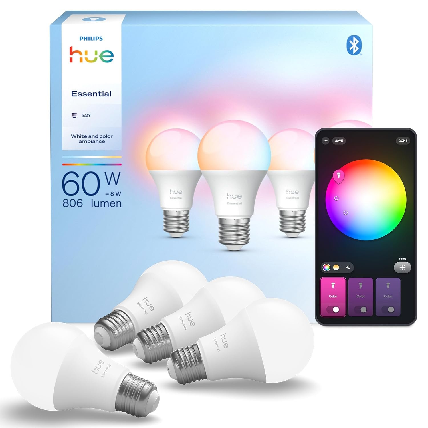 Philips Hue Essential LED A60 Smart Bulb, White and Color Ambiance, E27 Base, 8W, 2200K-6500K, 806 Lumens, Dimmable B22 LED Bulb, Smart Lighting Works with Alexa, Google Assistant, Apple Home, 4 Pack