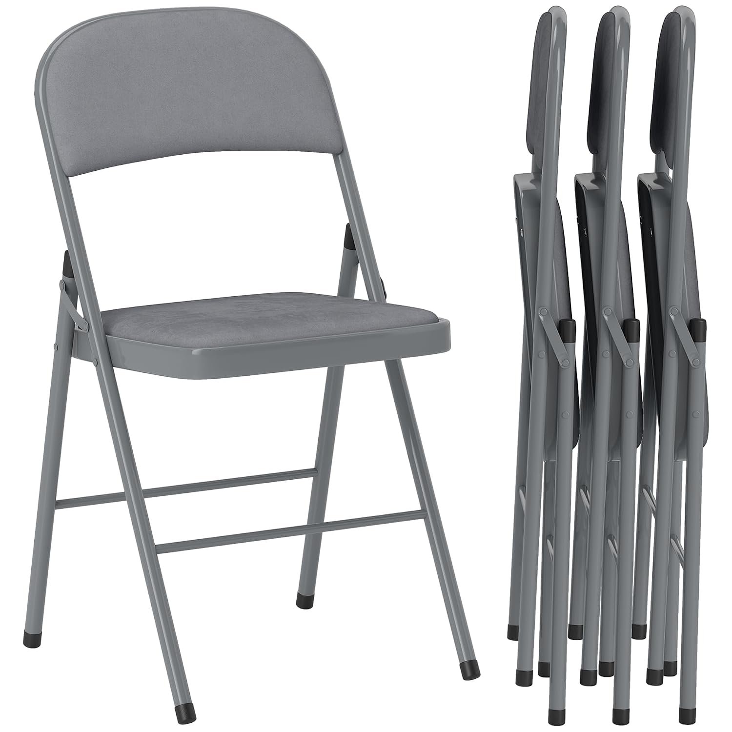 HOMCOM Metal Folding Chairs, 4 Pack Velvet-Feel Foldable Chairs with Cushion for Office Reception Waiting Room Party, Light Grey