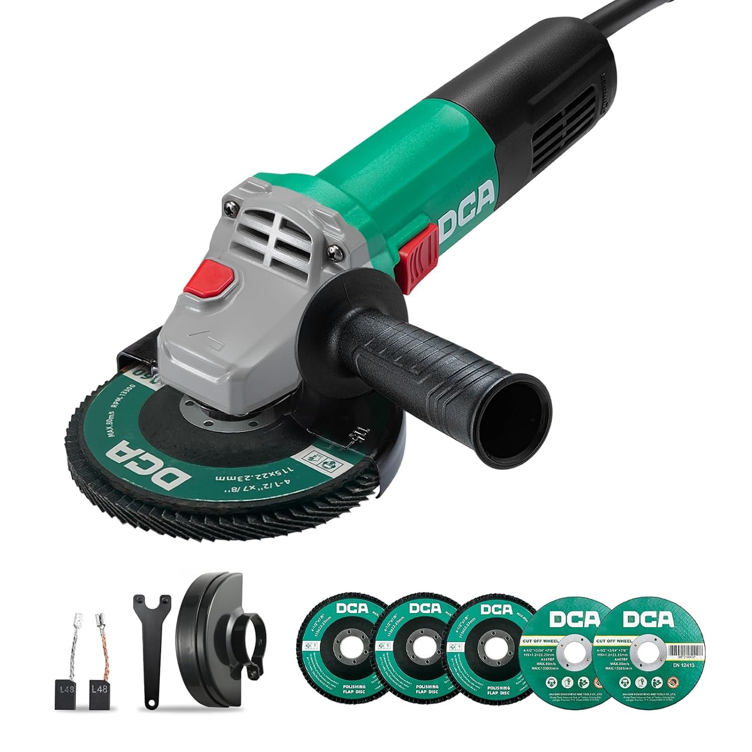 DCA Angle Grinder, 115mm, 860W Cut Off Tool Corder Grinder, 11,800 RPM with 2 Safety Guards, 6-Piece Discs (2 Cutting/2 Grinding/2 Flap Discs), Professional for Metal, Wood