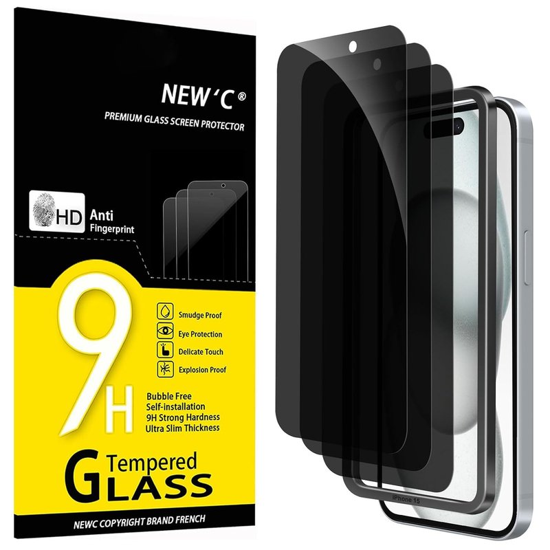 NEW'C 3 Pack Privacy for iPhone 16, iPhone 15 Screen Protector (6.1 inches), Anti-Spy Tempered Glass Film,Enhanced 28-Degree Privacy Angle with easy installation tool included
