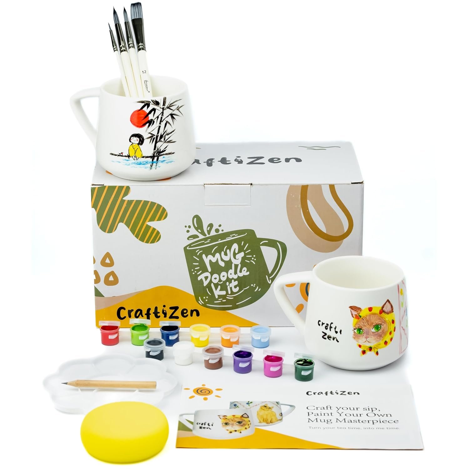craftizen Paint Your Own Mug Kit - Mug Painting Kit for 2 Adults or Kids, Ceramic Mugs to Paint with Brushes & Paints, DIY Pottery Painting Kit & Mug Decorating Gift Set