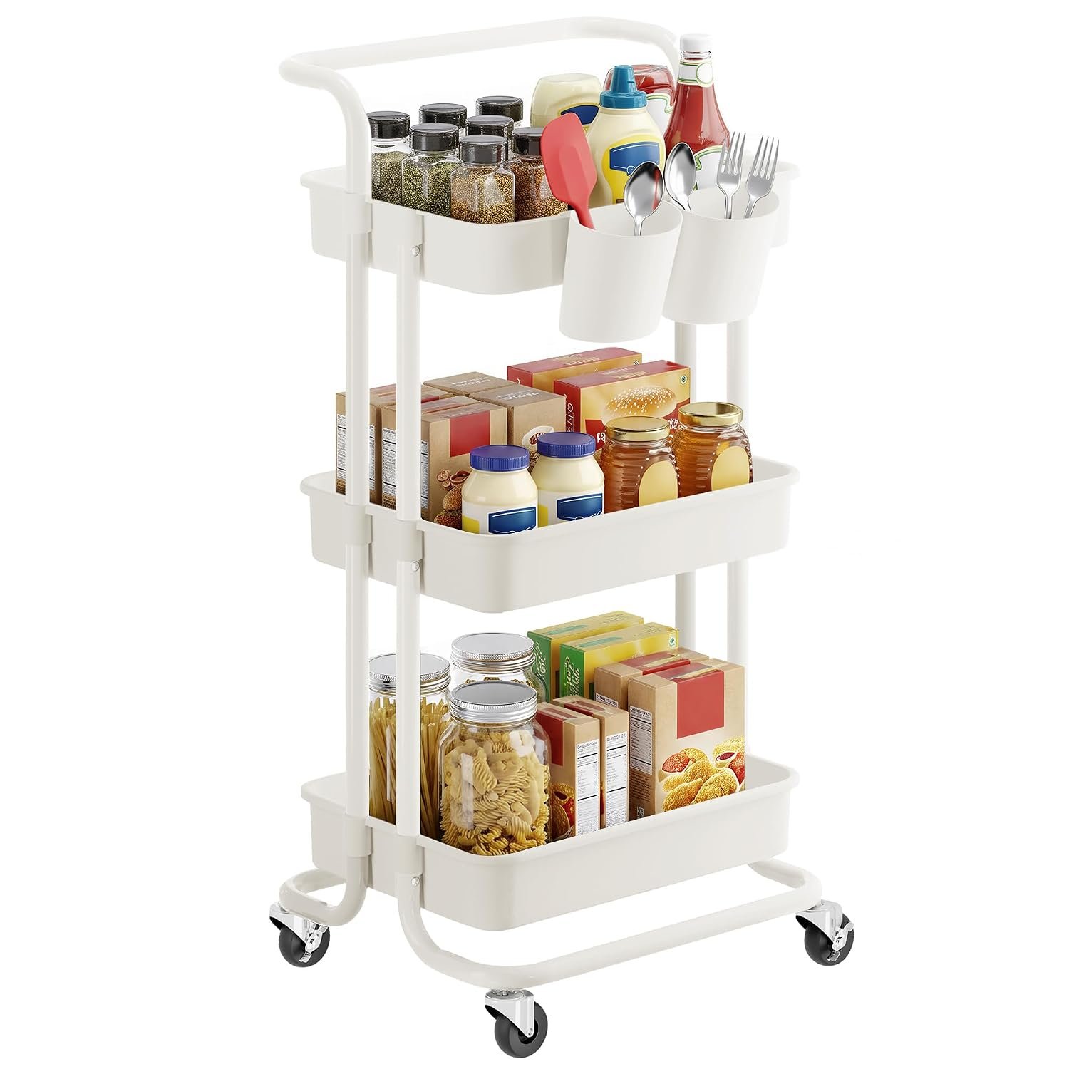SONGMICS 3-Tier Storage Trolley, Rolling Trolley with Handle, 2 Small Organisers, Steel Frame, Plastic Baskets, Utility Cart, Easy Assembly, for Bathroom Laundry Room, White BSC067W01