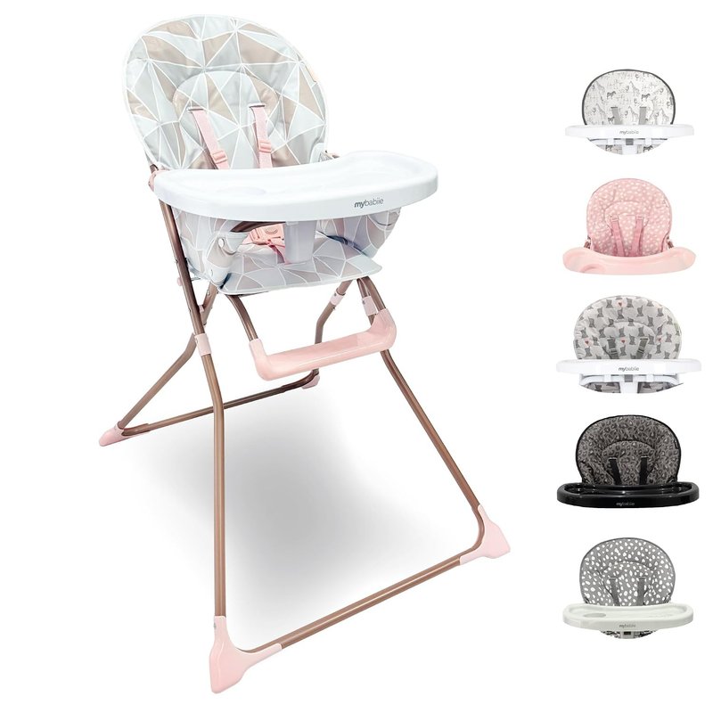 My Babiie MBHC1 Compact Highchair – Ultra Lightweight (5kg), Foldable, Easy Clean, Padded Seat, Footrest, Tray Cup Holder, for Toddler, from 6 Months to 3 Years (15kg) – Rose Geometric