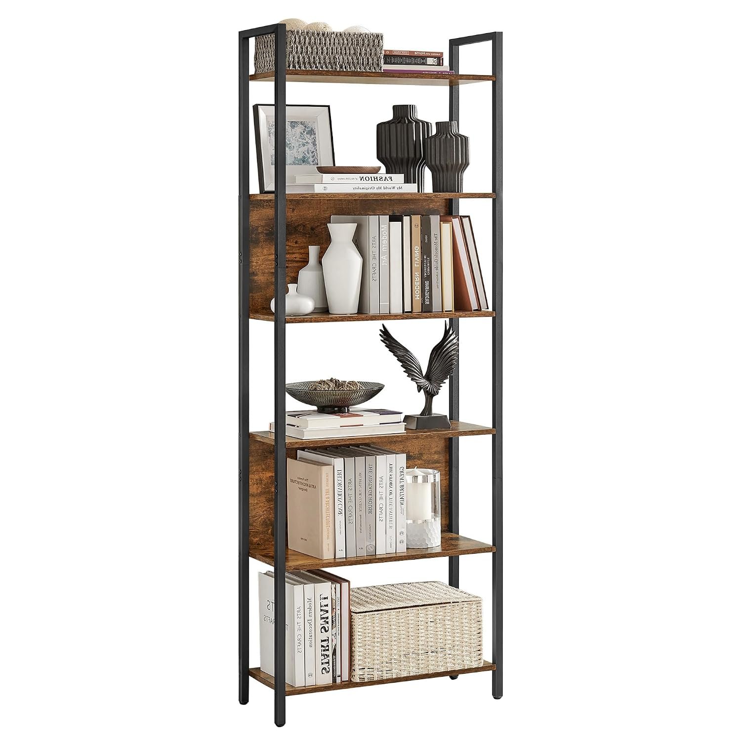 VASAGLE LLS113B01 Bookcase, Kitchen Shelf, Standing Shelf with 6 Open Shelves, Hallway, Kitchen, Office, Sturdy Steel Frame, Industrial Design, 24 x 60 x 186 cm, Vintage Brown/Ink Black