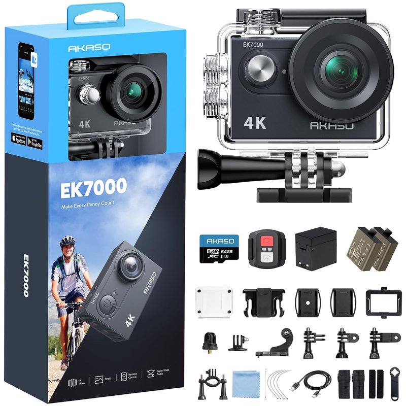 AKASO EK7000 4K30FPS Action Camera with 64GB microSDXC Memory Card - 20MP Ultra HD Underwater Camera 170 Degree Wide Angle Waterproof Camera with Accessory Kit