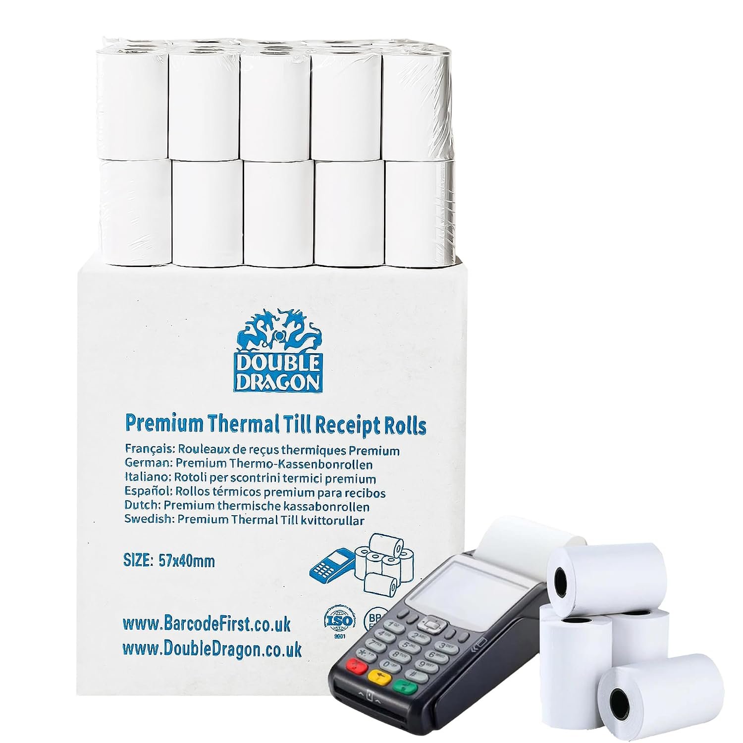 200 Rolls Double Dragon 57 x 40 mm Premium Thermal Paper Till Receipt Roll for PDQ Credit Card Machine, POS & EPOS