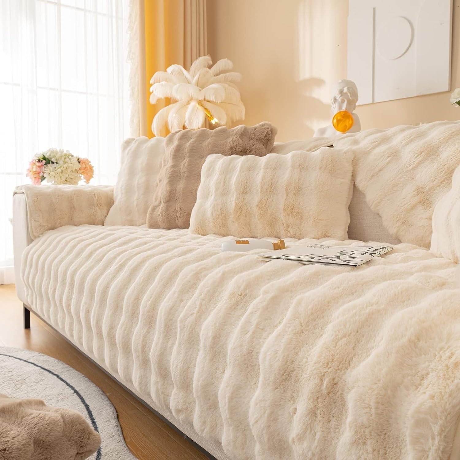LINGKY Thick Rabbit Plush Sofa Covers 1 2 3 Seater, Non-Slip Sofa Slipcovers For Corner L Shape, Funny Fuzzy Sofa Cover, Warm Velvet Sofa Cushion Covers, Washable Furniture Protector (Beige,90x120cm)