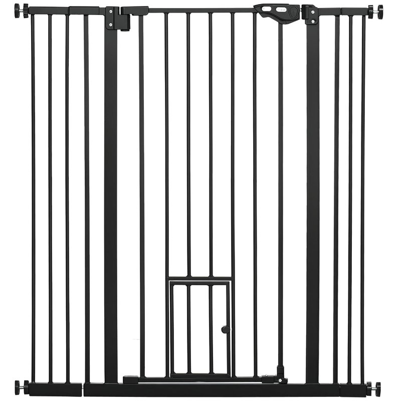 PawHut Extra Tall Dog Gate with Cat Door Auto Close for Stairs 74-101 cm Wide