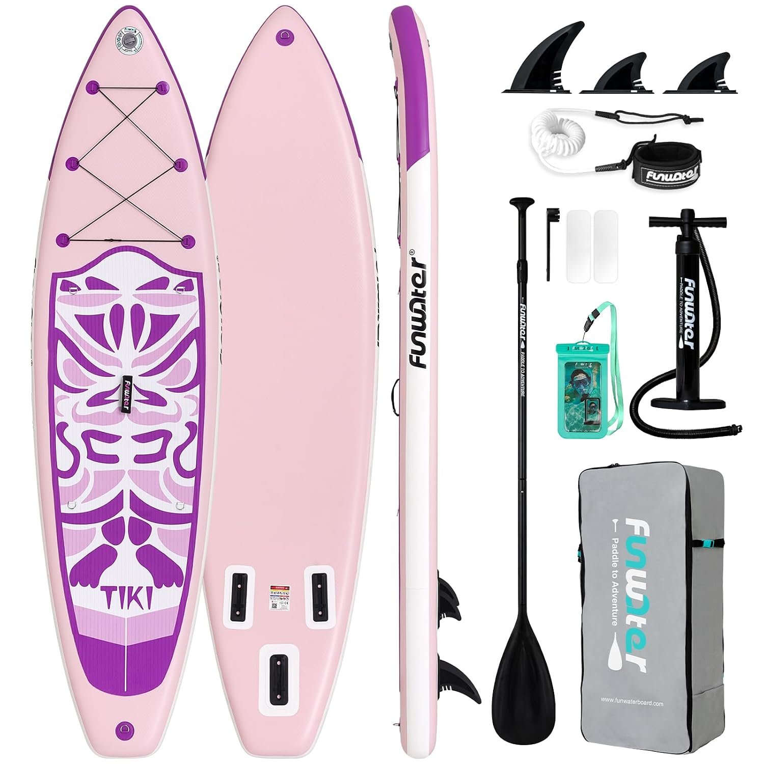 FunWater TIKI 10'6'' Inflatable Stand Up Paddle Board SUP for All Skill Levels Everything Included with Stand Up Paddle Board, Paddle, Pump, ISUP Travel Backpack, Leash, Waterproof Bag, Fins,Purple
