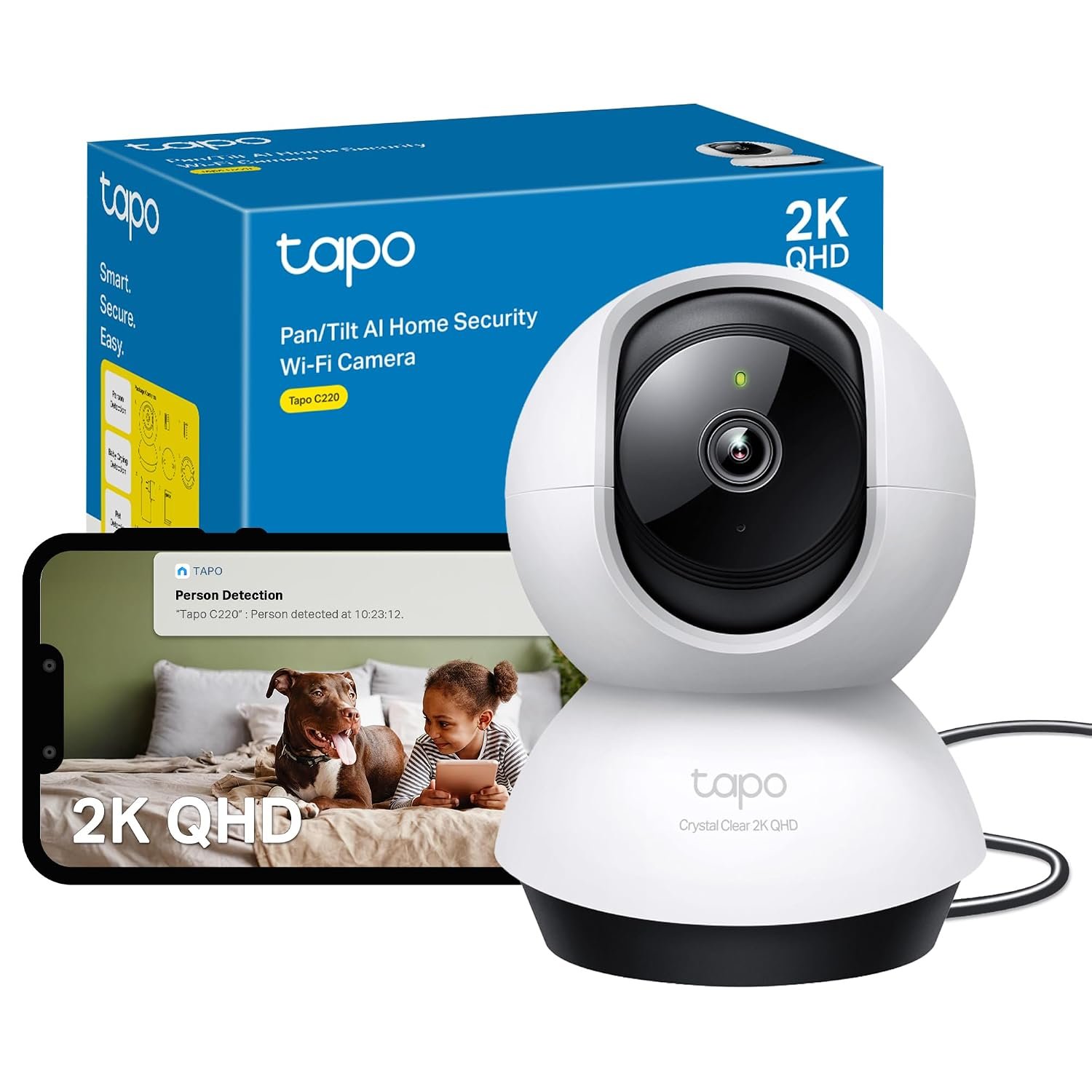 Tapo C210 2K 3MP Pan/Tilt Indoor Camera House Security Camera, WiFi Camera, No Monthly Fee, AI Detection, Dog Puppy Camera, Baby Camera Monitor, 360° View, Night Vision, Works with Alexa & Google