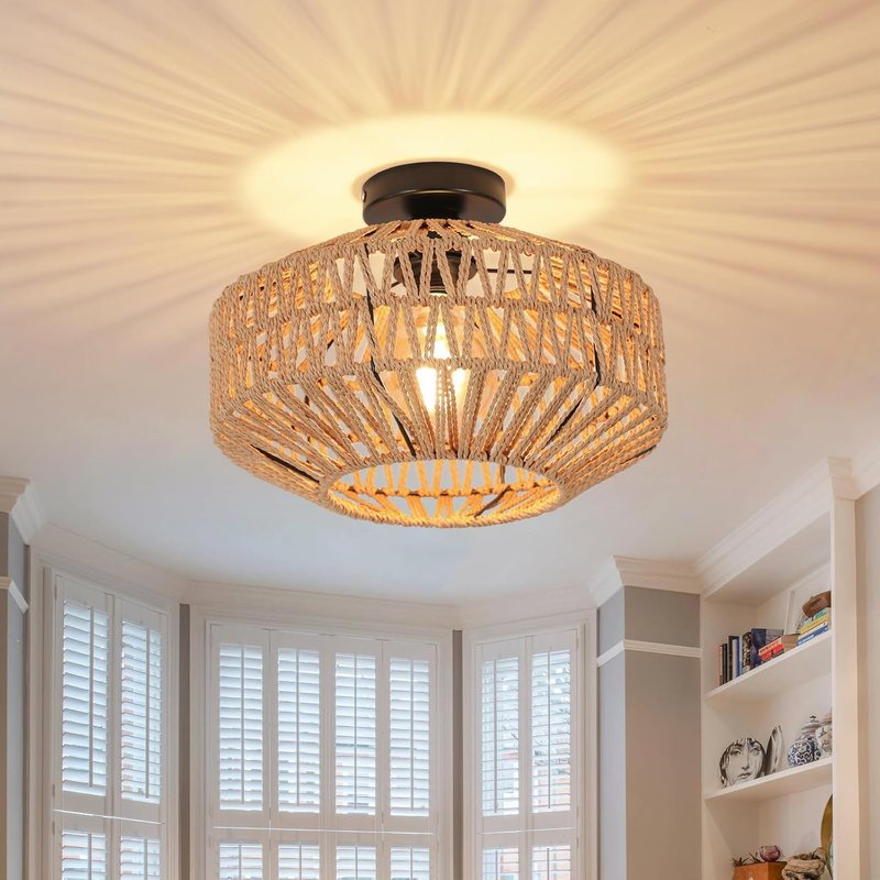 Toolight Rattan Ceiling Light E27, Retro Hand-Woven Rattan Chandelier Lamp, Bohemian Pendant Boho Ceiling Light for Living Room Bedroom Kitchen Hallway Entryway