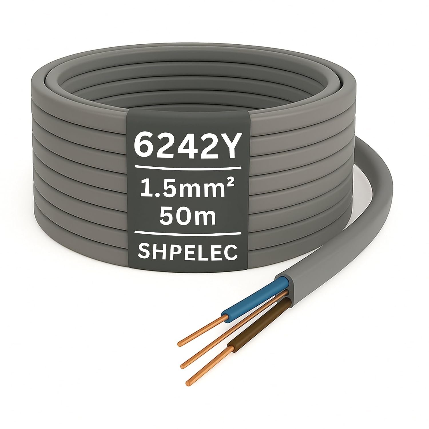 SHPELEC® BASEC Approved 1.0mm, 1.5mm, 2.5mm Electrical Grey Twin and Earth 6242Y Cable - Lighting LED Twin and Earth 6242Y Cable - All Lengths (2m, 3m, 4m, 5m, 10m, 15m & 20m) (6 mm², 50 m)