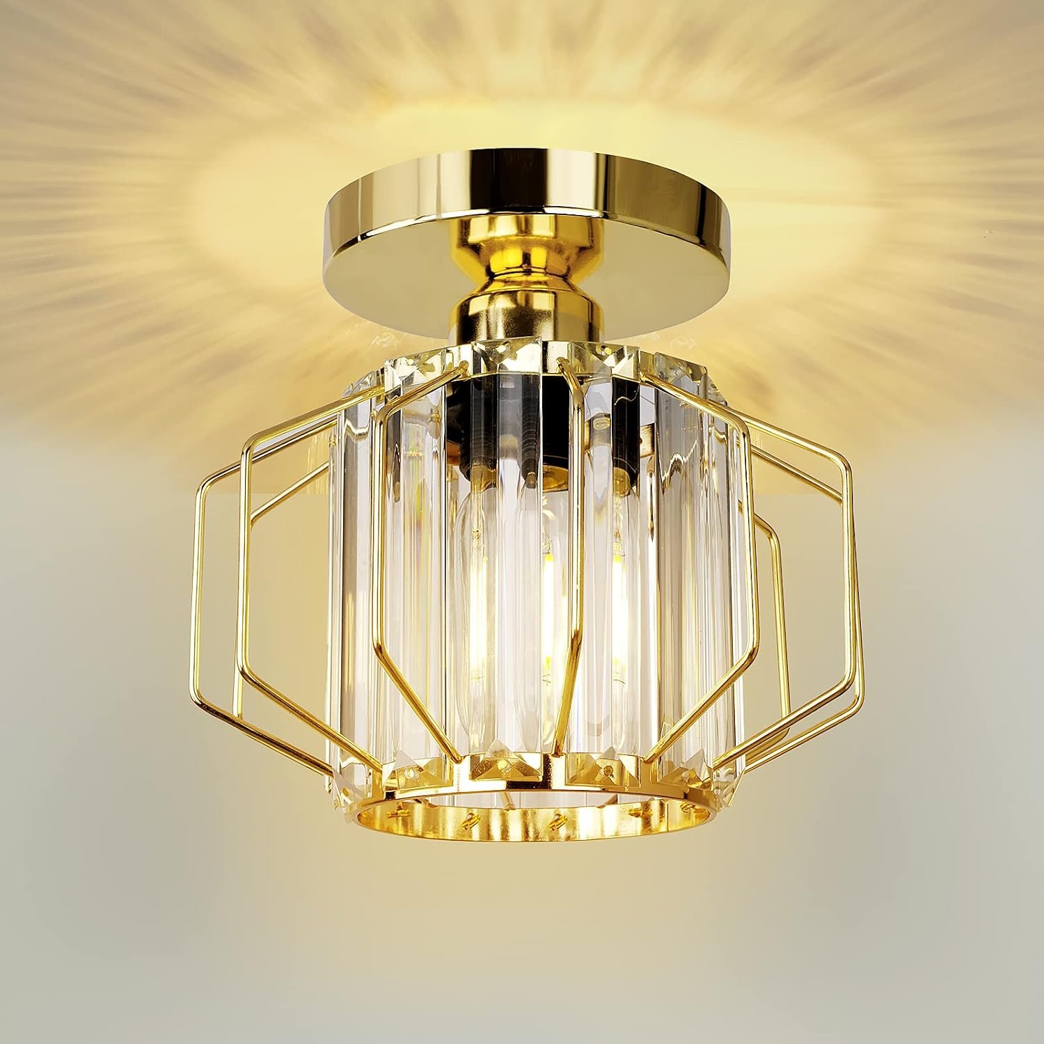 HAUSPRO Milan Gold Geometric Crystal Flush Mount Ceiling Light, Modern Luxury Ceiling Fixture with Clear Crystals, Elegant Lighting for Bedroom, Living Room-Gold
