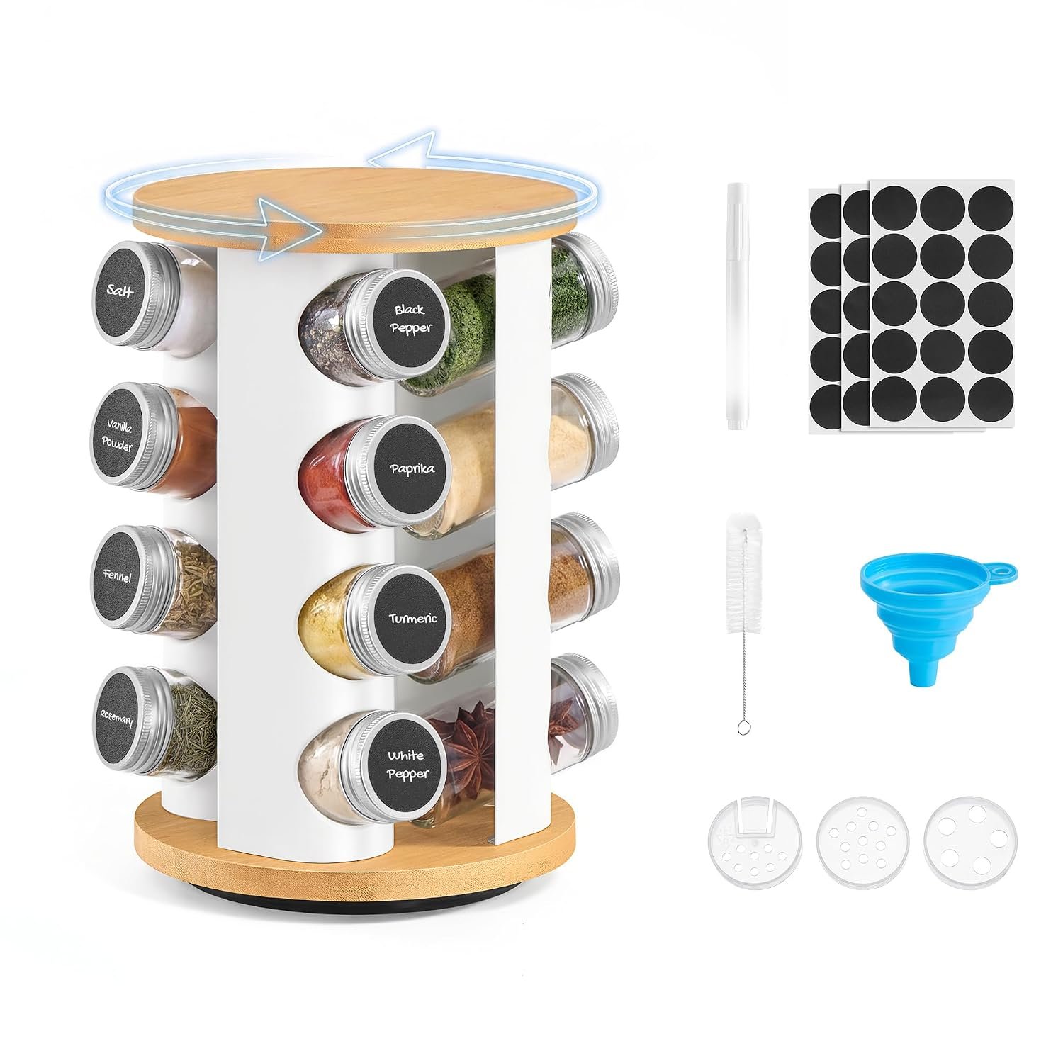 SONGMICS Rotating Spice Rack with 16 Glass Jars, Kitchen Organiser, Spice Carousel with Labels, Funnel, Marker and Brush, Matte White and Light Bamboo KCS256W101