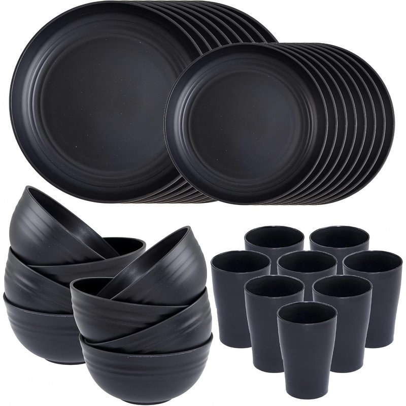 KAHEIGN 32Pcs Plastic Dinnerware Set, 8 Set Unbreakable Dinner Sets Included 8Pcs 25CM Dinner Plates, 8Pcs 20CM Salad Plates, 8 Pcs 720ml Bowls, 8 Pcs 360ml Cups - Microwave & Dishwasher Safe