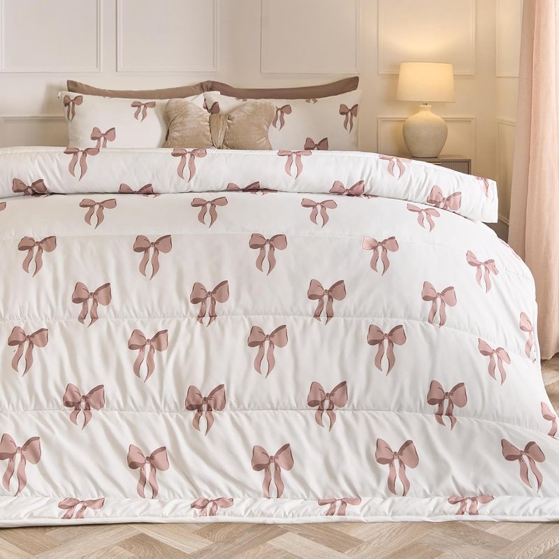 OHS Coverless Duvet Double, Bow Gifts for Women 10.5 Tog Bow Bedding Washable Coverless Duvet Soft Comfy Microfibre Summer Winter Camping Blanket Double Quilt Cover with Pillowcases, Ivory
