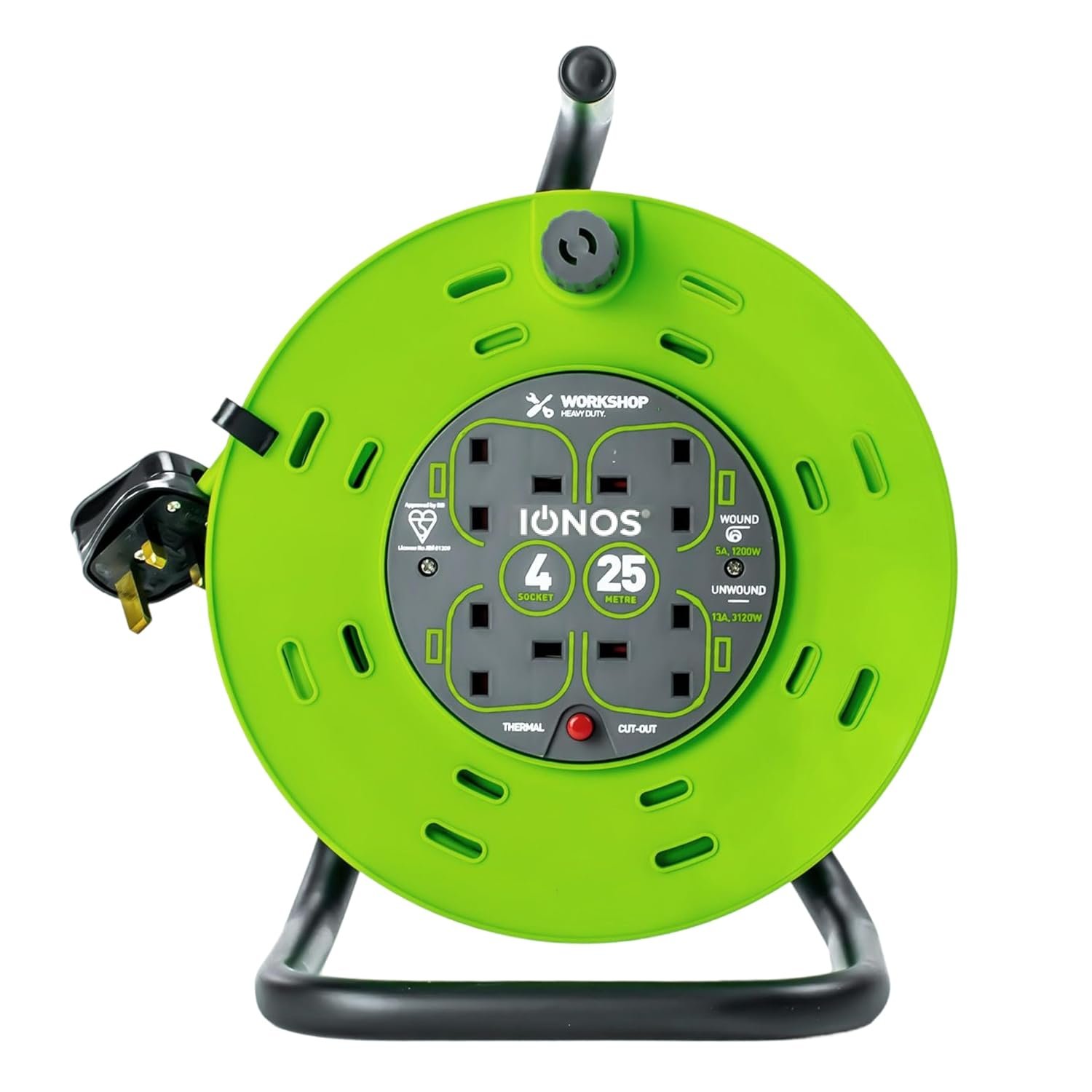 IONOS 4 Socket Cable Reel, 25m, Green, 13 Amp (ION25M13ACR2)