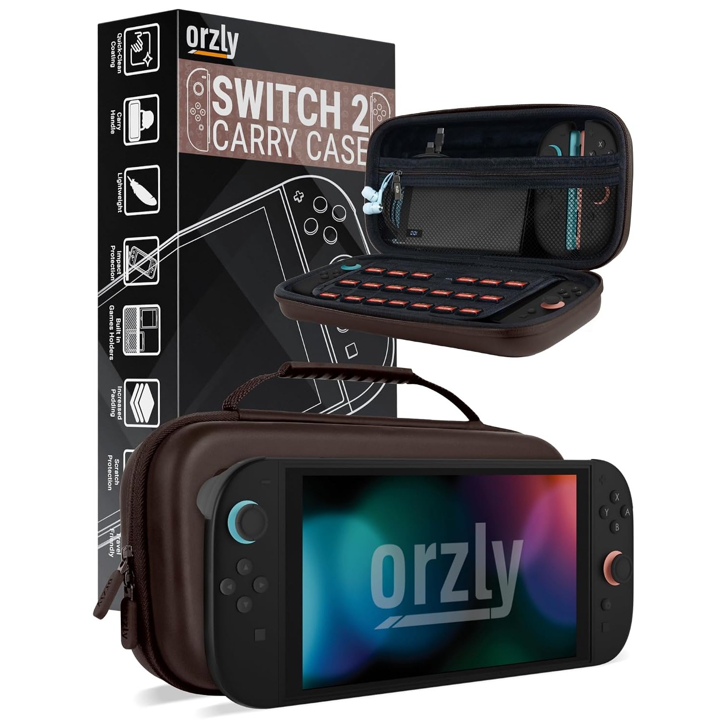 Orzly Carry Case for Nintendo Switch 2 2025 Console 7.9 inch Screen Protection Hard Case with Smart Storage for Accessories and Games Pockets Gift Box Edition (Dark Chocolate Switch 2)