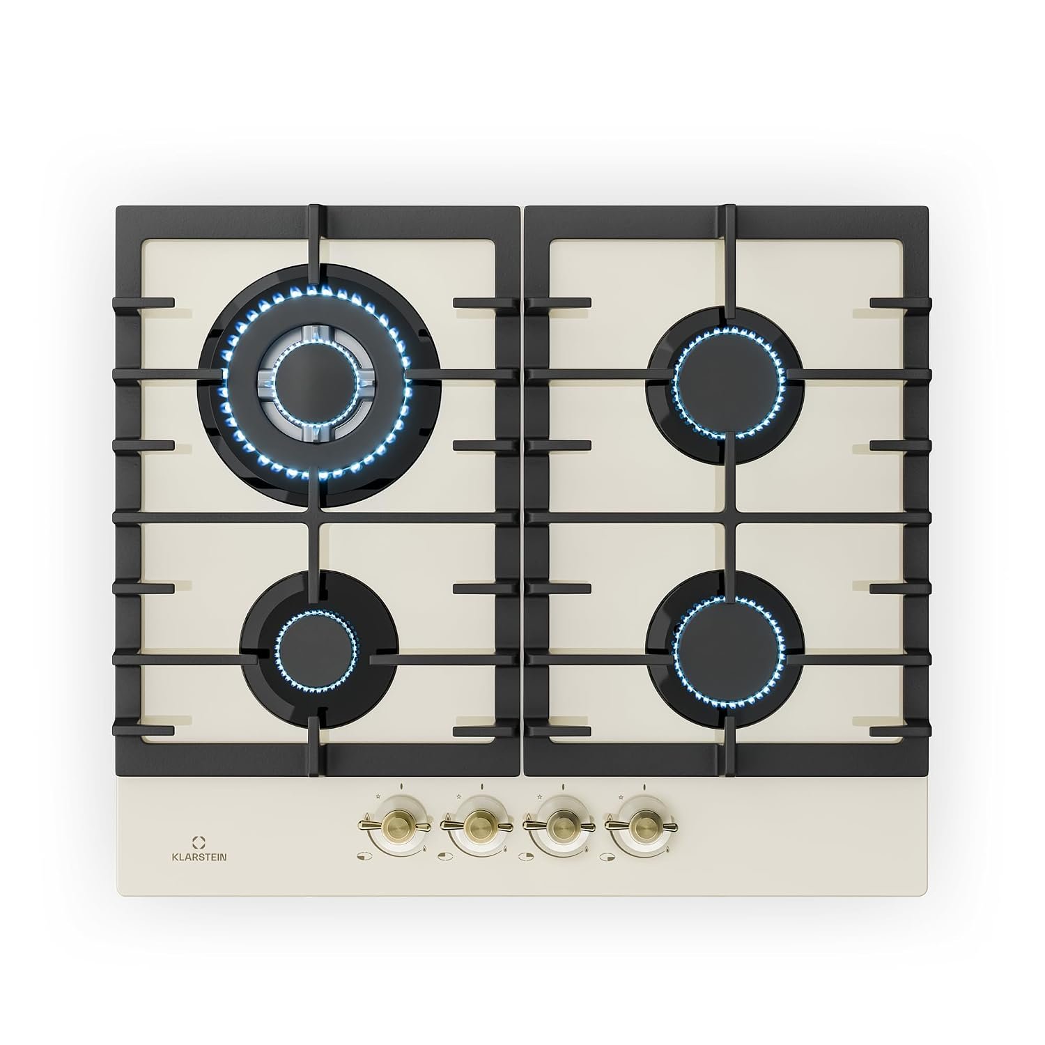 Klarstein Victoria Gas Hob, Built-In with Sabaf Burners, Natural Gas/Propane, Safety Valves and Automatic Shut-Off, Cast Iron Pot Supports, Retro-Style Glass Ceramic, 4 Burners, Ivory