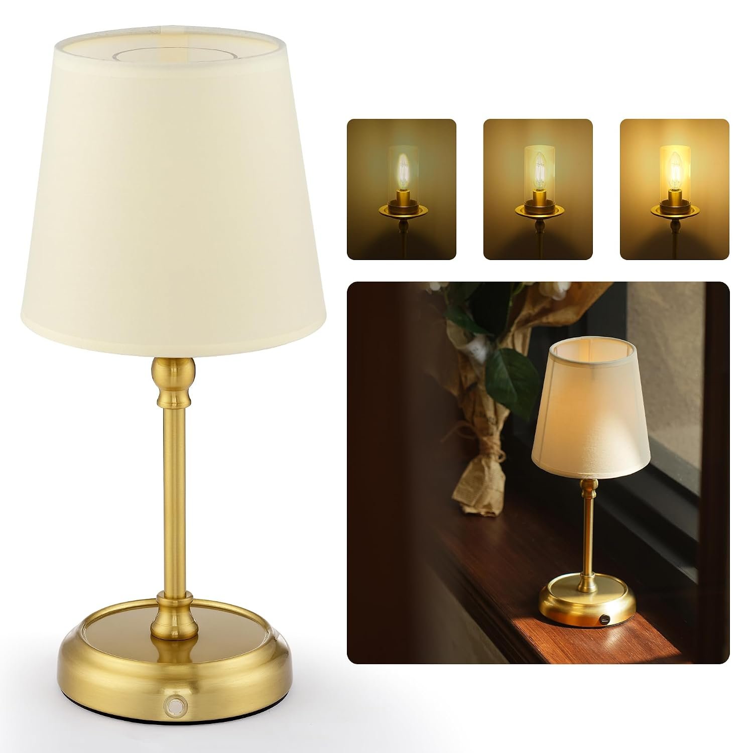 LuminexDesigns Bedside Lamps, 5200 mAh Rechargeable Cordless Table Lamps for Living Room with Bulb Included, Dimmable, Touch Control, 3-in-1 Shade, for Bedroom, Dining,Home Décor - Gold