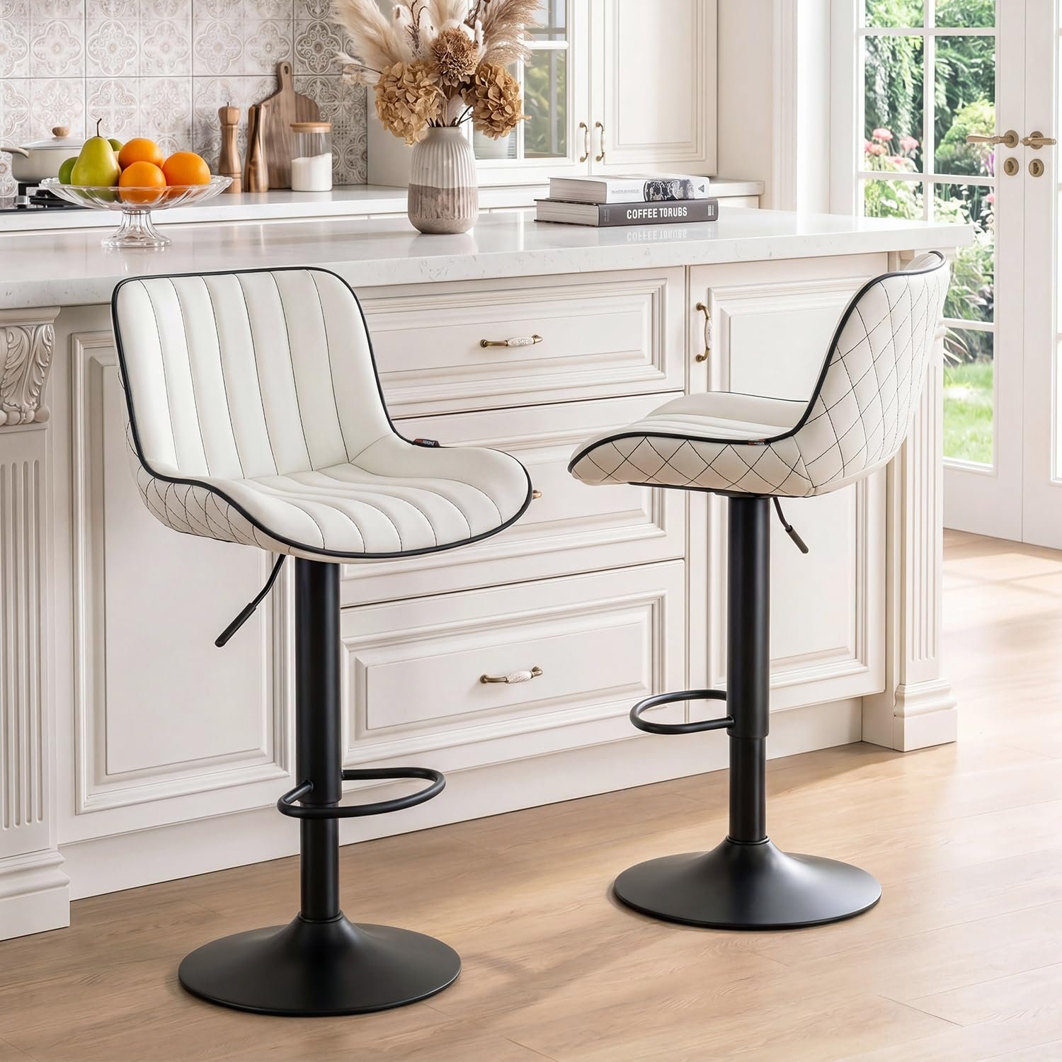 YOUNUOKE White Bar Stools Set of 2 Modern Design Counter Height Barstools with Back PU Leather Seat, Height Adjustable 360°Swivel Chairs with Backrest for Breakfast Bar Counter Kitchen Island