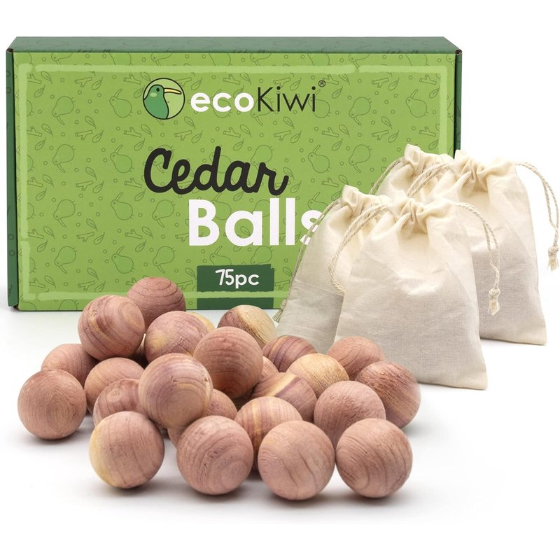 ecoKiwi Moth Balls 75 Pack - Cedarwood Moth Repellent - 100% Natural Cedar Balls Moth Repellent for Wardrobes - Cedar Oil Moth Repellent Anti Moth - Moth Treatment for House, Sandpaper & Cotton Bags