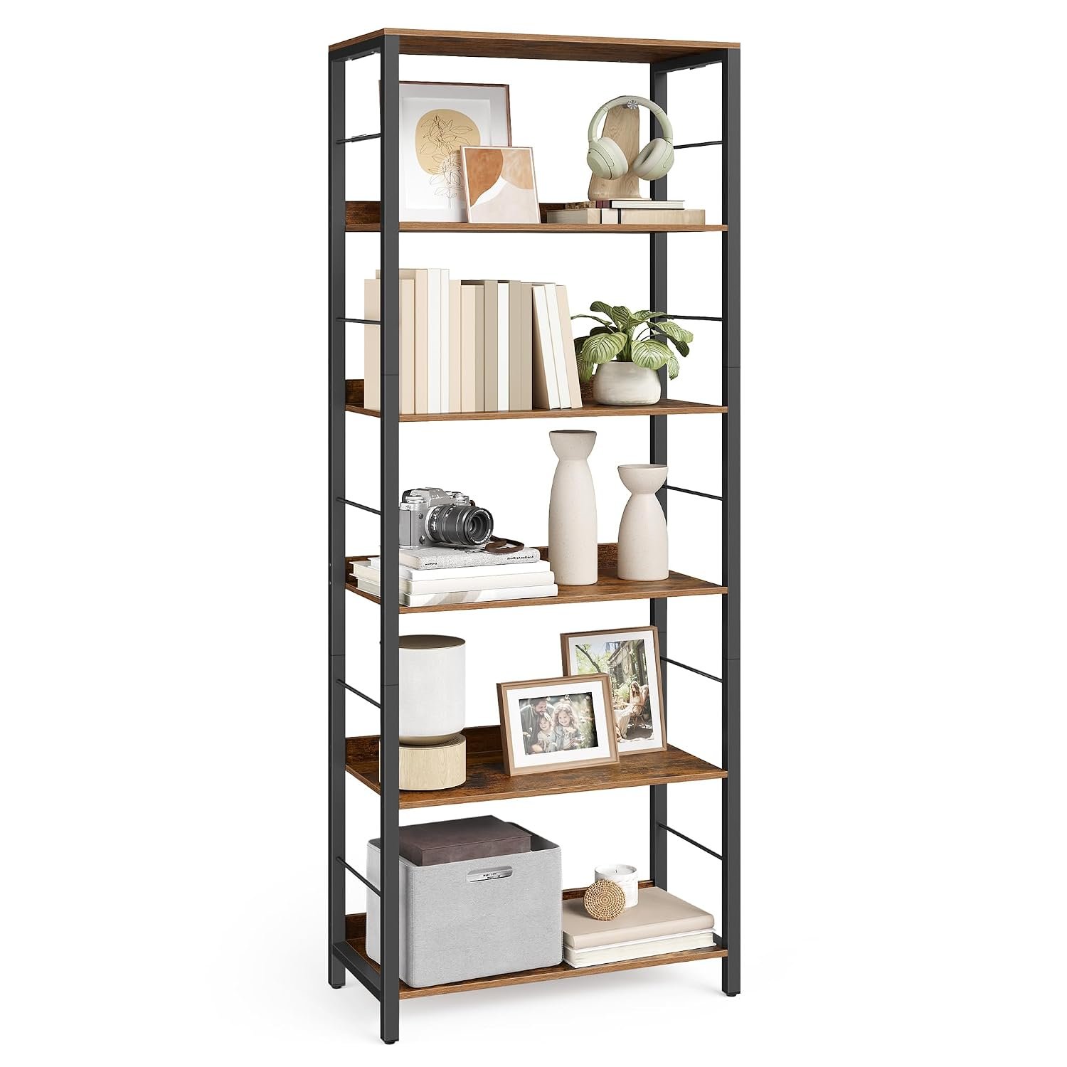 VASAGLE 6-Tier Bookcase, Book Shelf, Bookshelf, 30 x 60 x 178 cm, Shelving Unit, with Back Panels, Industrial, for Living Room, Study, Home Office, Rustic Brown and Ink Black LLS118B01
