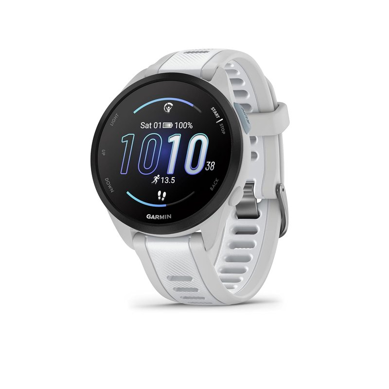 Garmin Forerunner 165 with Music, 43mm GPS running smartwatch, lightweight, AMOLED touchscreen, advanced training & insights, safety & tracking features, up to 11 days battery life, Whitestone