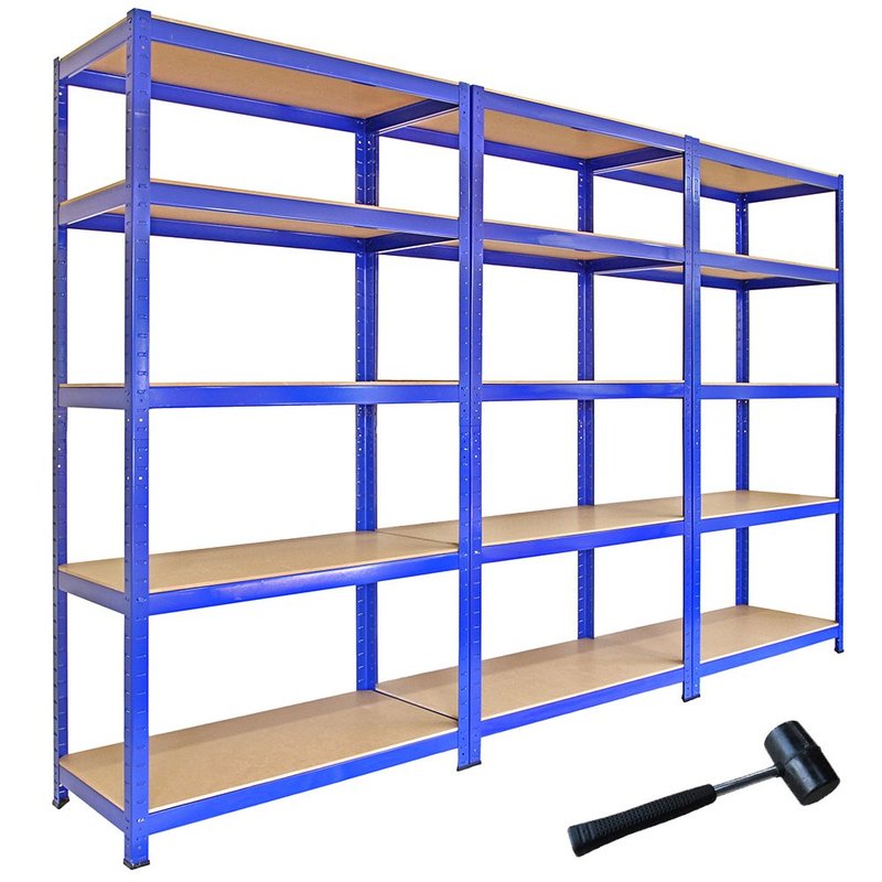 T-Rax Pack of 3 Garage Shelving Units 5 Tier Heavy Duty Rack for Storage Steel Utility Shelves Metal & MDF Boltless Racking Assembly System 180cm x 90cm x 45cm 4200KG Capacity 280KG Per Shelf Blue
