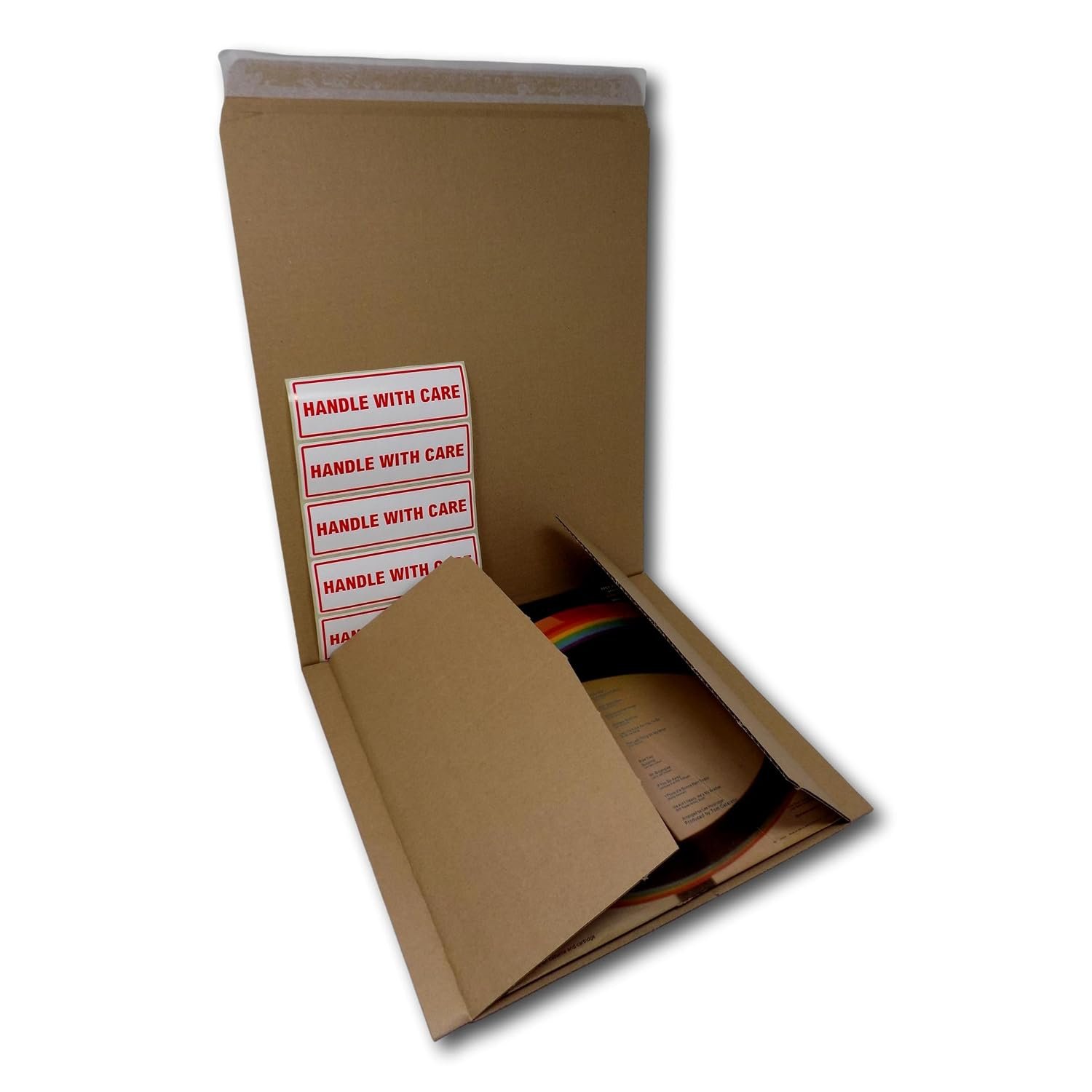 EPOSGEAR 12" Record LP Strong Peel and Seal 150gsm B-Flute Corrugated Board Card Manilla Brown Envelopes Mailers 325mm x 325mm x 1-65mm with FREE Handle With Care Labels - Can hold up to 15 LPs (100)
