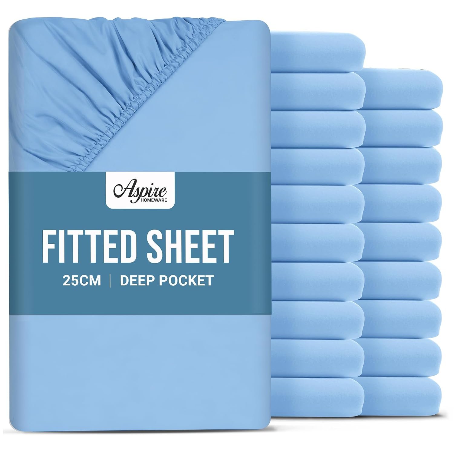 Aspire Homeware Super King Fitted Sheet 20 Pack - 25 cm Deep Hotel Quality (Light Blue) Bed Sheets - Soft & Breathable Superking Fitted Sheet - Anti-Wrinkle Easy Care Fitted Sheets