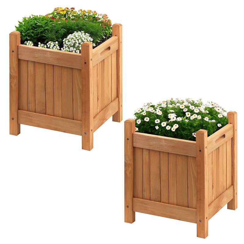 GEEZY Square Wooden Garden Planters Set of 2 - Weather Resistant, Easy Assembly, Carry Handles, Outdoor Flower Pots - Raised Wooden Bed for Growing Flowers, Vegetables, Plants, Herbs