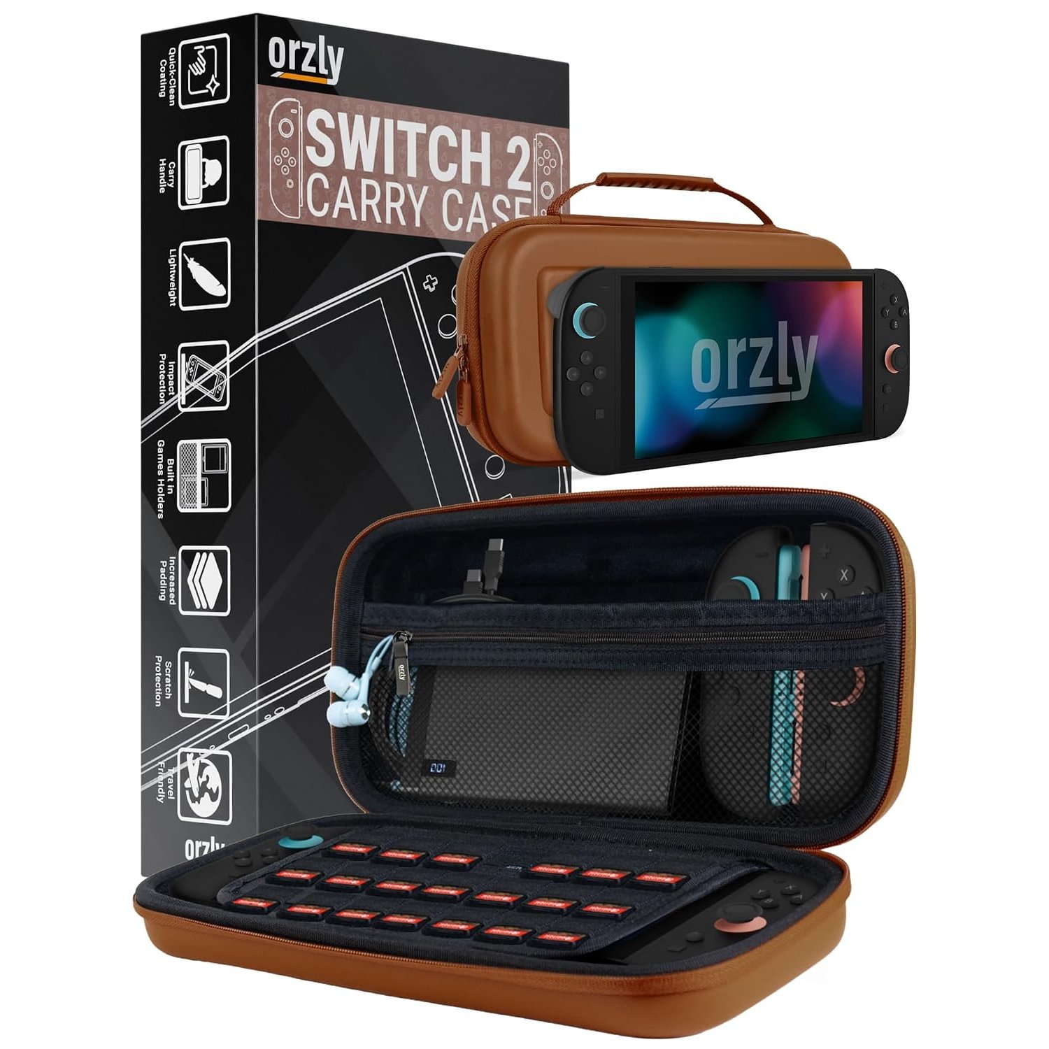 Orzly Carry Case for Switch 2 2025 Console, 7.9 inch Screen Protection, Hard Case with Smart Storage for Accessories and Games Pockets, Gift Box Edition, (Brown Switch 2)