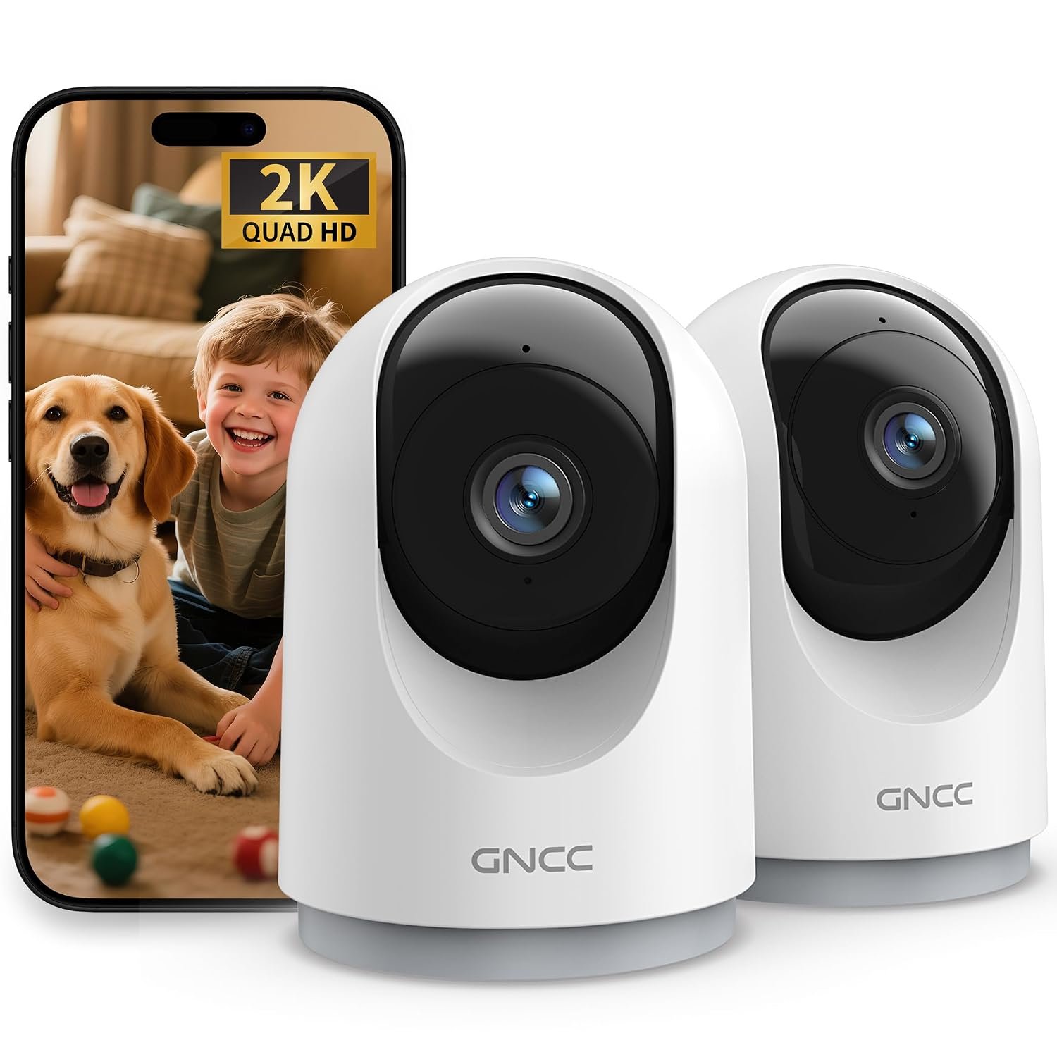 GNCC 2K Indoor Security Cameras for Pet Dog with App, 2-Pack CCTV Cameras House Security WiFi, Night Vision, Motion Detection, 2-Way Audio, Cloud/SD Storage, Works with Alexa, 2.4G WiFi Only