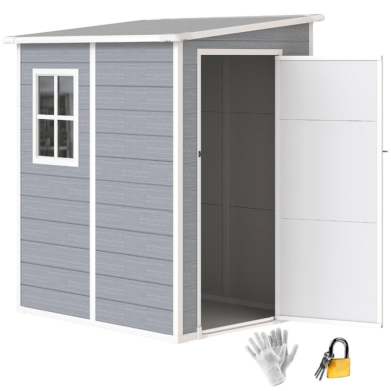 Outsunny 4 x 5FT Plastic Garden Shed with Floor, Lean to Outdoor Storage Shed, Lockable Tool Storage House with Window, Vent and Plastic Roof, Grey