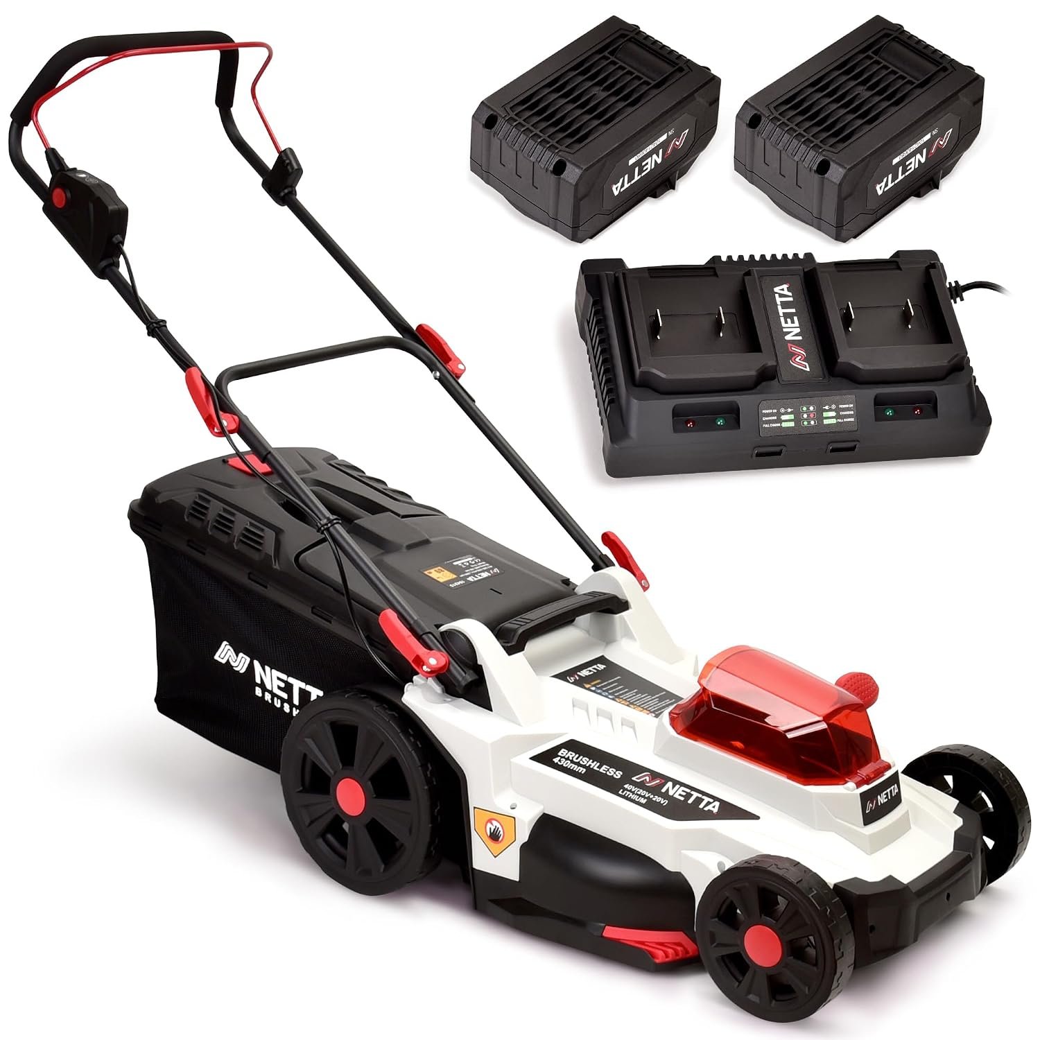 NETTA Cordless Lawnmower 40V - Brushless Motor Lawn Mower with 43cm Width, 2x 4.0Ah Batteries & Dual Charger, 6 Heights, 50L Box - Heavy Duty Lawnmower for Medium and Large Garden Up to 400㎡