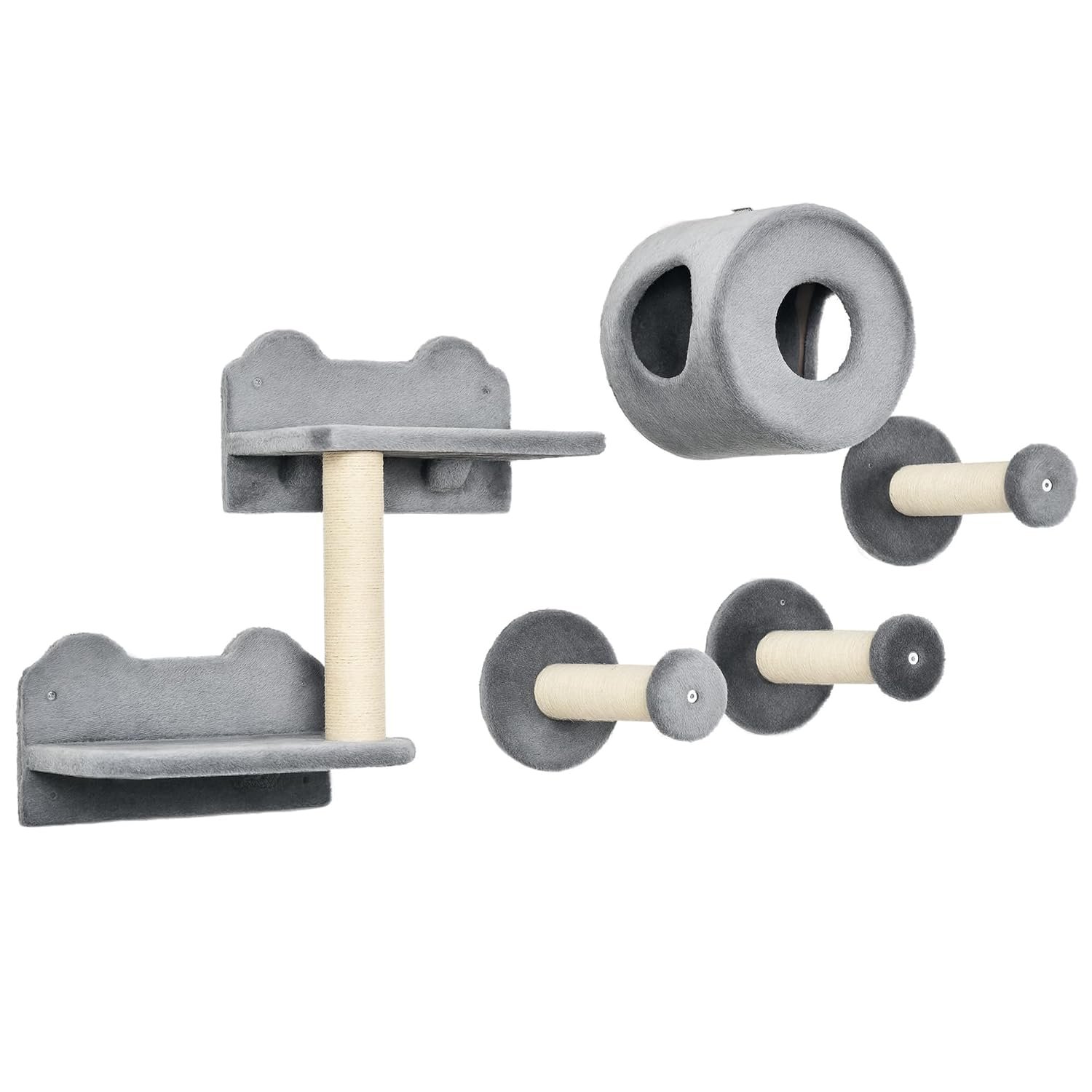 PawHut 5Pcs Cat Wall Furniture with Perch, Cat Condo, Scratching Post - Grey