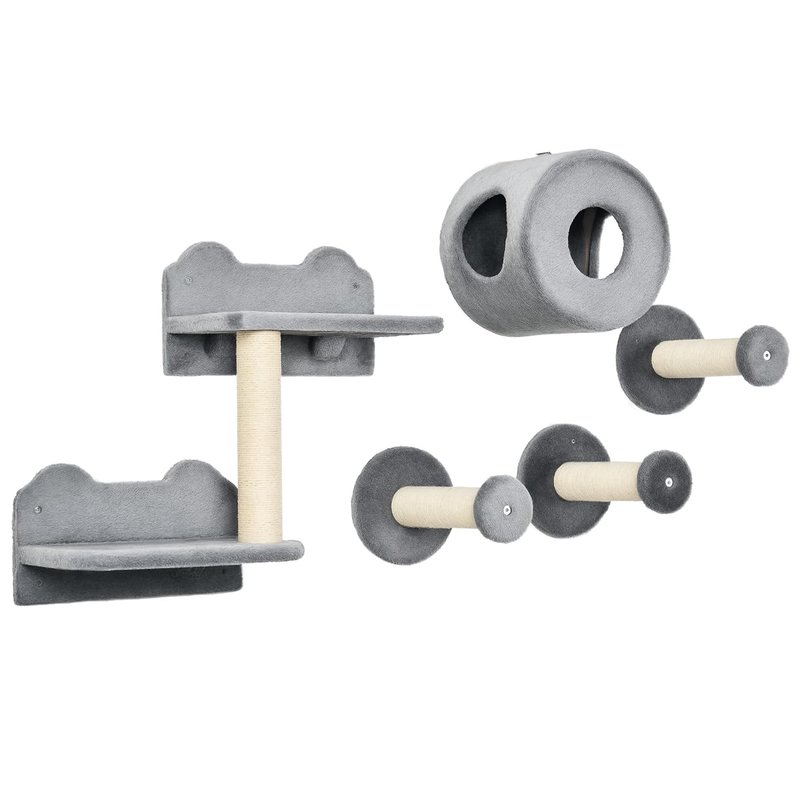 PawHut 5Pcs Cat Wall Furniture with Perch, Cat Condo, Scratching Post - Grey