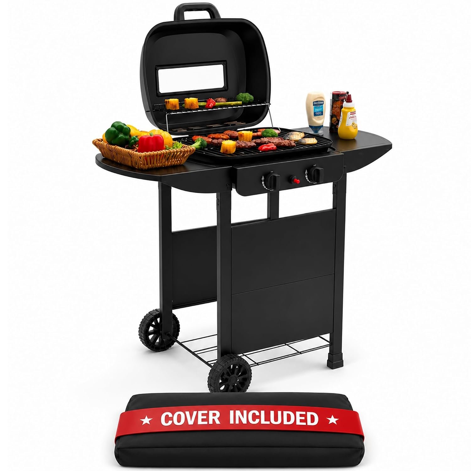 2 Burner Gas Grill BBQ including Cover, Lid and Lava Rock, Foldable Side Tables, Generous 47 x 37cm Cooking Area, Perfect for Outdoor Cooking