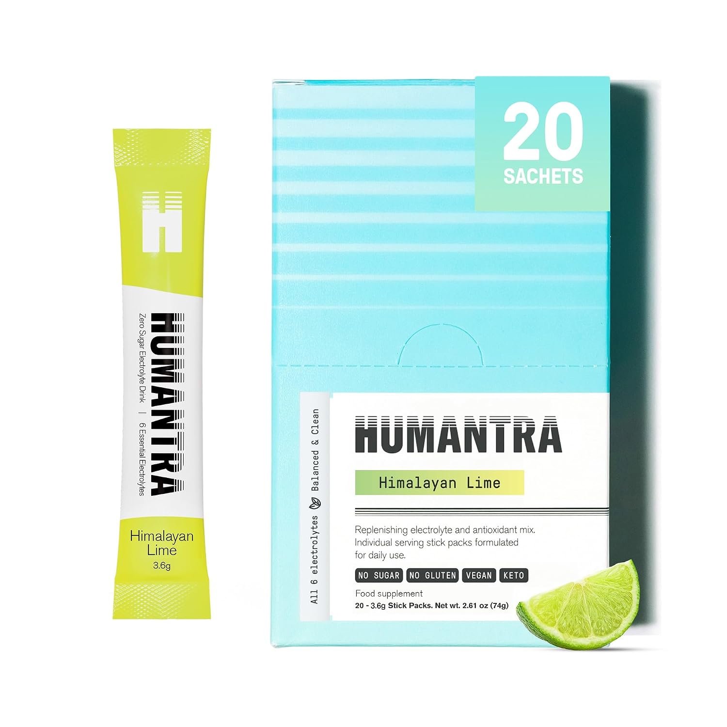 Humantra Electrolytes Powder - Himalayan Lime Flavor, 20ct - Powdered Hydration Sachets - Plant-Based Electrolyte Powder with 6 Electrolytes - Vegan, Sugar Free, Gluten Free