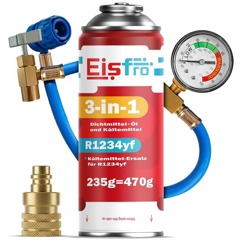 Eisfro - 3in1 R1234yf Car Air Con Recharge Gas Refill Kit – 1x Gas 3in1 with Hose and Adapter YF – 235 g