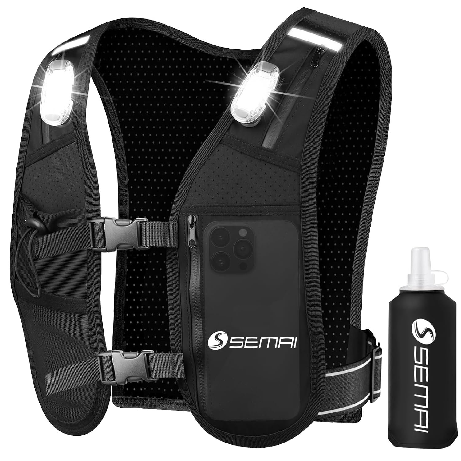 semai LED Running Vest Women & Mens Reflective Vest, Adjustable Chest Straps Running Hydration Vest with 500ml Water Bottle, 6 Pockets With Phone Holder & Storage for Marathon, Night Running, Cycling